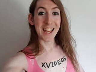 teen ladyboy with long brunette hair jerks off with her high