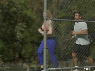 tattooed blonde tgirl gets breeded from behind in the gym