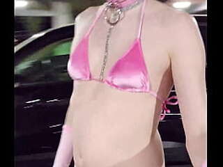 sissy femboy in public wearing tiny pink bikini