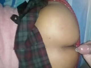 teen ladyboy poses in black lingerie and exposes huge boobs