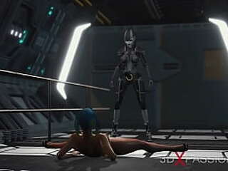 sci-fi android fucks a horny girl with a strapon in the base camp on the exoplanet