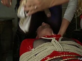 busty blonde and shemale fuck tied male