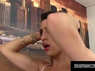 hot shemale stefany queen strokes her big cock while a guy pounds her ass