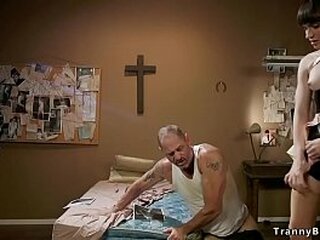 shemale in fetish lingerie anal fucks slave